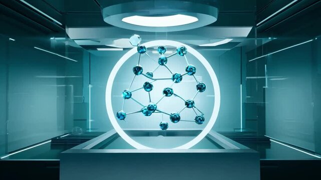 A futuristic laboratory with a glass case containing an illuminated molecular model surrounded by a white ring. The room is empty and has smooth, clean surfaces.
