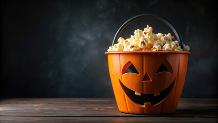 bucket of popcorn shaped like a Jack-O-Lantern pumpkin, Halloween, autumn, decor, October 31, cinema, snack, food, trick-or-treat, scary, all saints day, decorative, background