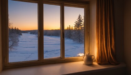 Serene winter morning view from a cozy cabin window with frosted landscape