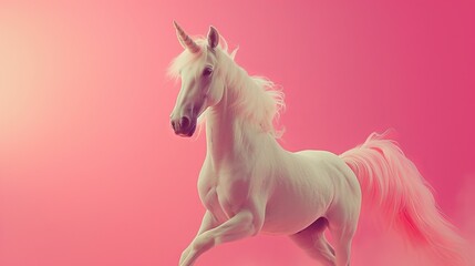 Fototapeta premium White unicorn on a pink gradient background, fantasy concept