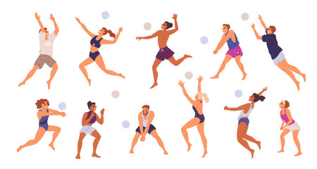 People play volleyball at beach. Players serving and hitting ball. Sports competitive game. Athletes in swimsuits and shorts. Volleyballers poses. Outdoor tournament. Garish vector set