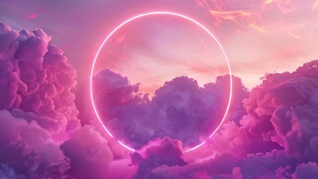 surreal landscape of pink and purple clouds with a glowing neon ring in the center, creating a captivating and ethereal atmosphere