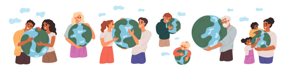 People embrace Earth. Happy men, women and children hug clean planet sphere. Continents and oceans. Environment conservation. Ecology care. Activists protect nature. Garish vector set