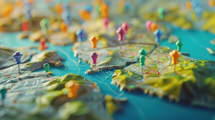 A close-up view of a map with pins marking specific locations. Ideal for travel and navigation-related projects