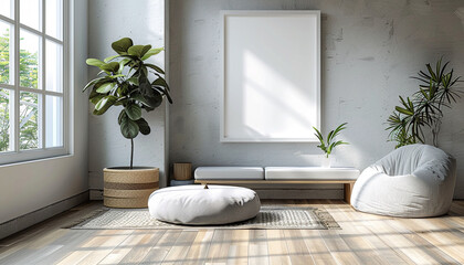 Modern meditation room harmonious design with empty frame