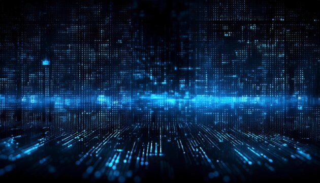 Shiny blue coding on black background with copy space. Generated image