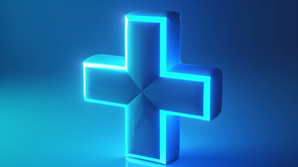 Fototapeta premium Neon glowing 3d cross on blue background, futuristic design. Medical and technology concept