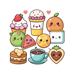 Vector Kawaii Breakfast collection Clipart illustration On a White Background