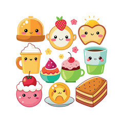 Vector Kawaii Breakfast collection Clipart illustration On a White Background