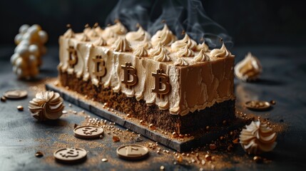 Delicious chocolate cake decorated with bitcoin symbols for cryptocurrency enthusiasts