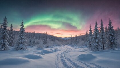 Fototapeta premium Enchanting aurora borealis illuminates snowy wilderness under twilight hues in arctic landscape