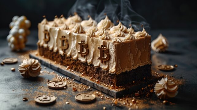 Delicious chocolate cake decorated with bitcoin symbols for cryptocurrency enthusiasts