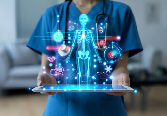 Nurse in blue scrubs utilizing ipad with floating medical icons and holographic anatomy model