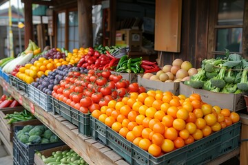 Obraz premium Colorful Display of Fresh Produce at Local Market Stalls in Early Morning Light