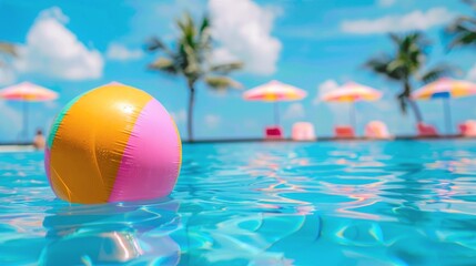 Colorful inflatable ball floating on swimming pool water, blue daytime sky landscape