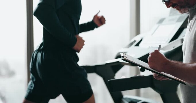 Personal trainer, treadmill and man training for health, wellness and fitness with advice from professional. Gym, physiotherapist and athlete with coach for workout progress, support and motivation