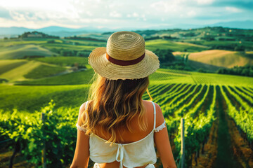 Tourist enjoying the sweeping vineyards of Tuscany, Italy.