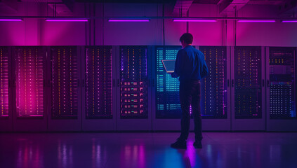 It worker managing data center with laptop surrounded by server cabinets at night under purple lighting