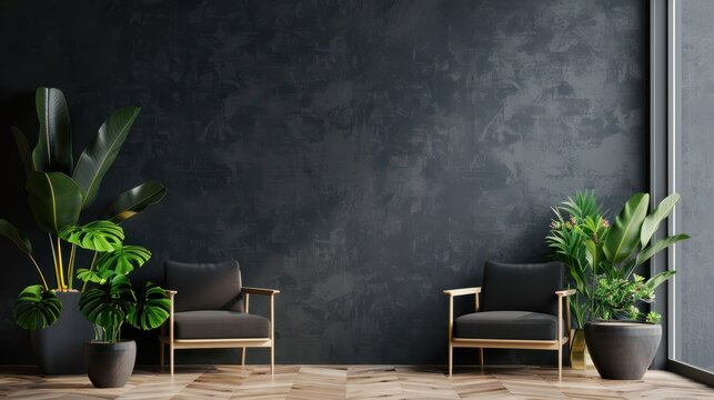 An inviting agency wall for a zoom call background with modern furniture and plants, dark grey wall color