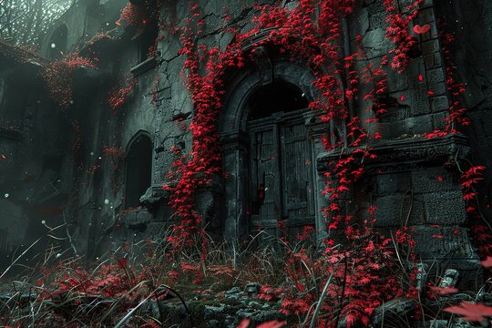 A creepy, abandoned building covered in red vines