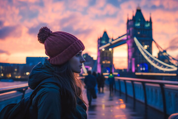Tourist standing on Tower Bridge in London at dusk.