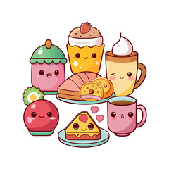 Vector Kawaii Breakfast collection Clipart illustration On a White Background