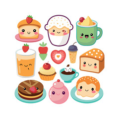 Vector Kawaii Breakfast collection Clipart illustration On a White Background