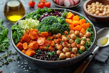 A bowl of food with a variety of vegetables and nuts