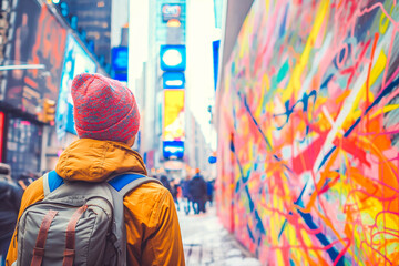 Fototapeta premium Traveler enjoying the vibrant street life of New York City, USA.