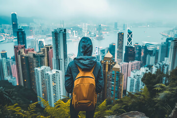 Naklejka premium Traveler taking in the skyscrapers of Hong Kong against the Victoria Harbour backdrop.