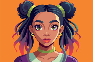 Illustration of beautiful mulatto girl with two ponytails on the green background