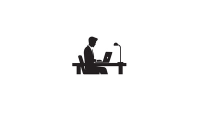 Office workplace,Man working on laptop at desk vector logo design black simple flat icon on white background