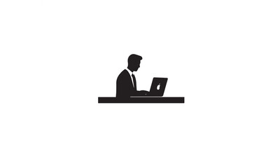 Office workplace,Man working on laptop at desk vector logo design black simple flat icon on white background