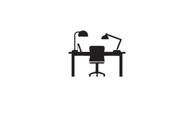 Office workplace,Man working on laptop at desk vector logo design black simple flat icon on white background