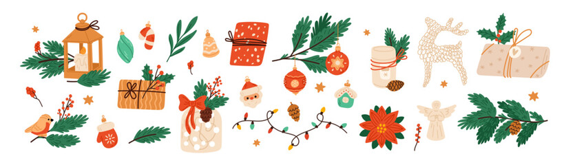 Cartoon Christmas tree decorations. Conifer branches. Winter holiday accessories. Glass ball toys on coniferous sprigs. Merry Xmas celebration. Gift boxes. Festive candle. Garish vector set