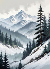Fototapeta premium Digital illustration of a snowy mountain landscape