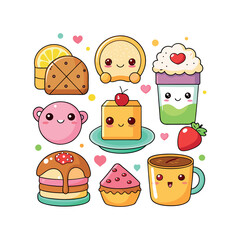 Vector Kawaii Breakfast collection Clipart illustration On a White Background
