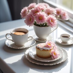 Delicious dessert cake and coffee cup on table. Light from window.