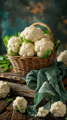 Wicker basket overflowing with fresh organic cauliflower on rustic wooden table