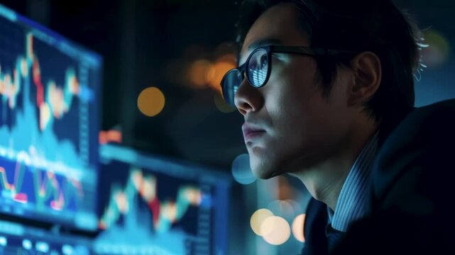 asian trader looking at financial data graphs on computer monitors. stock market and crypto trading