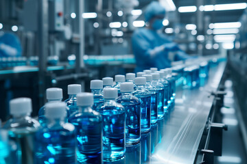 Obraz premium Close-up view of industrial factory line with medical staff filling vials in soft lighting
