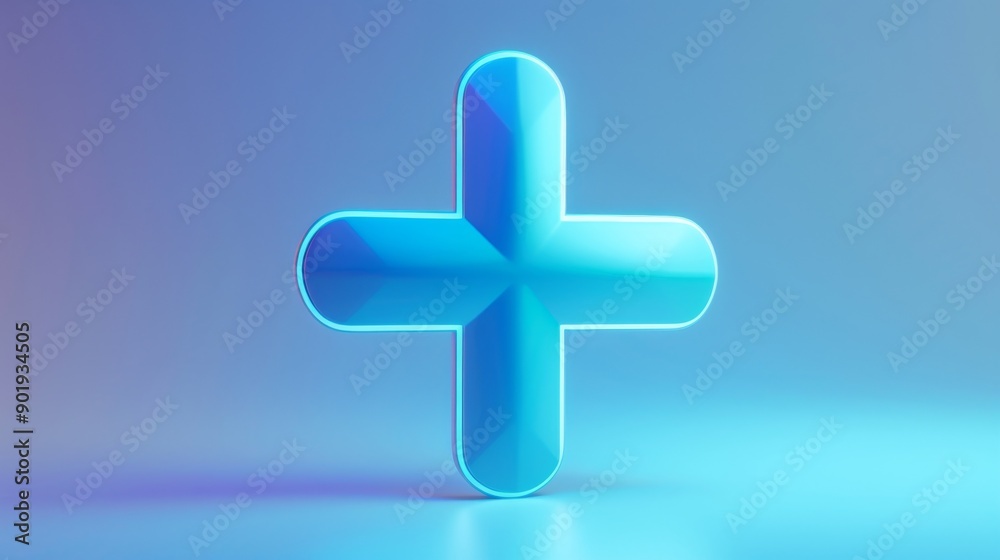 Poster blue plus sign on gradient background, 3d rendering. futuristic technology and digital concept