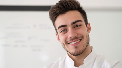 Happy, confident man smiles in front of a whiteboard, embodying success in business. He exudes professionalism and charisma, making him a leader