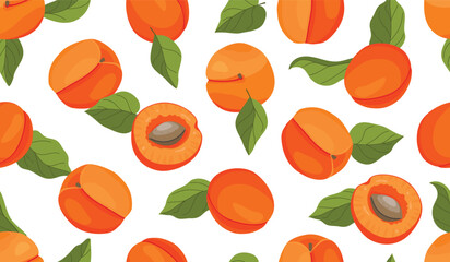 Funny seamless pattern with cartoon apricot and leaves.Juicy ripe fruits from different angles, whole and halves with pits.Botanical background for printing on fabric and paper.Vector design on white.