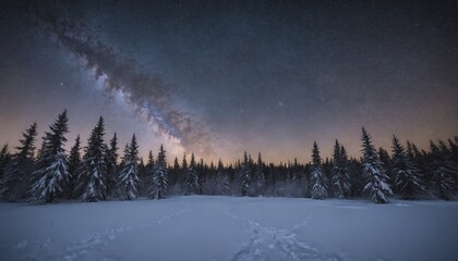 Fototapeta premium Enchanting winter night under a star-studded sky in a snowy forest