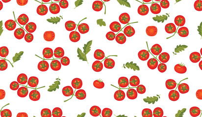 Colorful seamless pattern with tomato branches and leaves.Ripe juicy fruits whole and halves.Botanical background with garden or farm harvest.Print on fabric and paper.Vector illustration on white. 