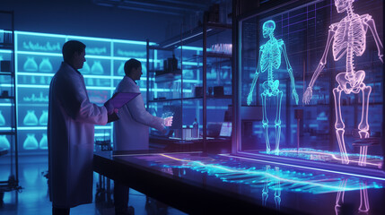 Cutting-edge laboratory where scientists analyze holographic medical data in futuristic research setting