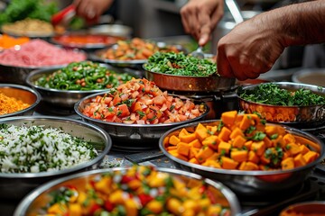 Obraz premium A variety of vegetables are displayed in a large number of bowls
