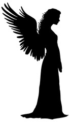 silhouette of a angel with wings standing, in black, isolated 