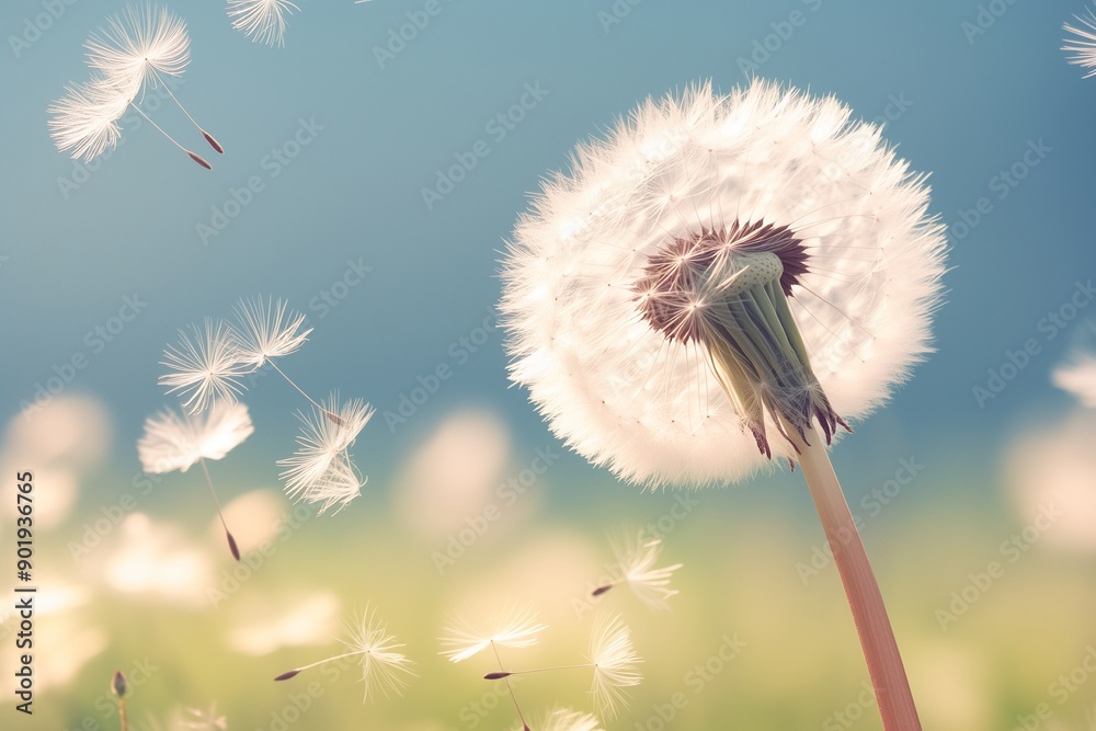 Wall mural dandelion on blurred soft fresh background under sunlight